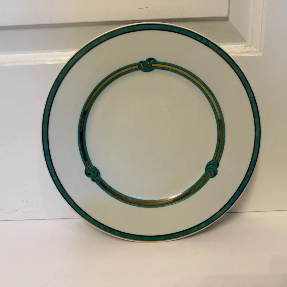 CHRISTOFLE RUBANEA VERT DINNER PLATE PORCELAIN WHITE GREEN GOLD FRANCE 10.5”